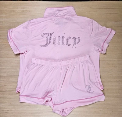 Juicy Couture Womens 2pc Pajama Set Size M Pink Bling Embedded Fabric Logo - Image 1 of 4