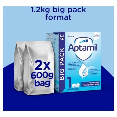 Aptamil 1 First Baby Milk Powder, From Birth, 1.2Kg (2 Packs Of 600g)