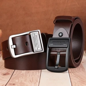 Mens Genuine Leather Belt Belts Real New Buckle For Trouser Jeans Black Brown UK - Picture 1 of 10