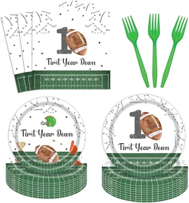 Juego de 96 platos y servilletas de fiesta de primer cumpleaños de fútbol para 24 juegos Foto 1 de 4