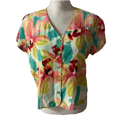 Vintage Paradise Found Floral Women's Hawaiian Shirt Sz Medium - Image 1 of 4