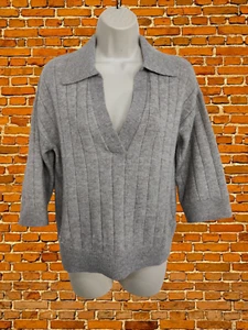 WOMENS H&M SIZE EUR XS GREY 3/4 SLEEVE KNIT JUMPER SWEATER COLLARED V-NECK WOOL - Picture 1 of 5