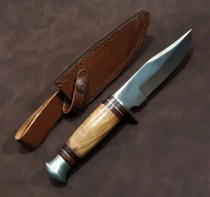 Small 10" Olivewood Handle EDC Hunting and Camping Knife w/Leather Sheath - Picture 1 of 5