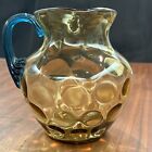 Victorian Amber Coin Glass Vase Pitcher with Blue Handle 5 1/2” Tall