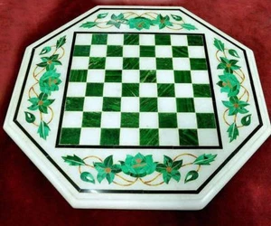 Mesa de juego de ajedrez de mármol blanco de 12" incrustación malaquita piedra dura decoración de trabajo - Imagen 1 de 1