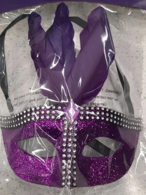 Mardi Gras Venetian Sparkling Purple Masquerade Mask, Gem Rhinestones, Feathers - Image 1 of 3