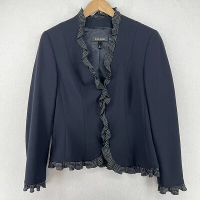 Blazer ESCADA Mujer 38 Elástico Lana Sarga Lunares Volantes Ribete Chaqueta Negro Foto 1 de 4