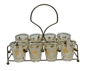 Vintage 60's MCM  Starlyte  Libbey  IDEAL Shot Glasses (8) Gold Leaves w/ Caddy - Picture 1 of 9