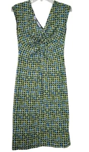 LADY HATHAWAY Green Blue Geometric Design Fit & Flare V Neck Dress Womens Size 4 - Picture 1 of 5