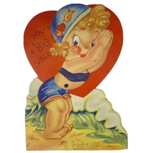 Vintage Valentine Greeting Card Die Cut Mechanical Androgynous Child Waves - Picture 1 of 2