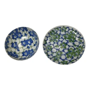 Vintage Small Asian 3" Bowl With Blue Flowers Green Small Plate Green Flowers - Picture 1 of 9
