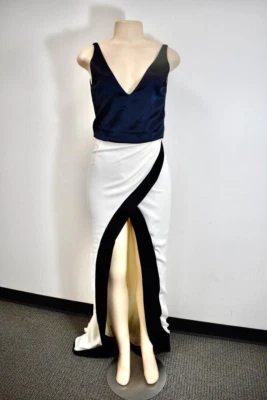 Galvan London White/Navy LONG Silk Evening Dress Size 2 us On Sale - Image 1 of 4