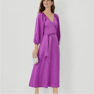 Vestido envolvente satinado Ann Taylor manga abullonada magenta boda cóctel fiesta talla 4 - Imagen 1 de 9