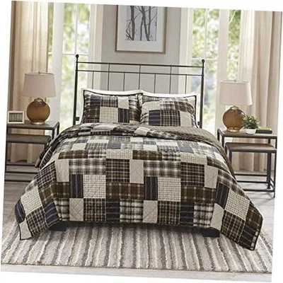  Edredón reversible cabina estilo de vida cuadros completo/madera reina negro/marrón 3 piezas Foto 1 de 4