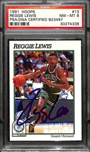 Reggie Lewis Signed 1991 Hoops Celtics Trading Card PSA PSA/DNA NM-MT 8 - Picture 1 of 3