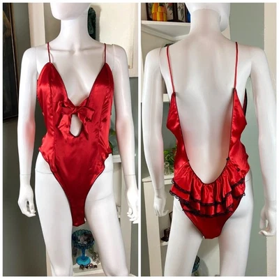 Vintage 80s Victorias Secret Red Teddy Satin Lace Bodysuit Large L Gold Label - Image 1 of 4