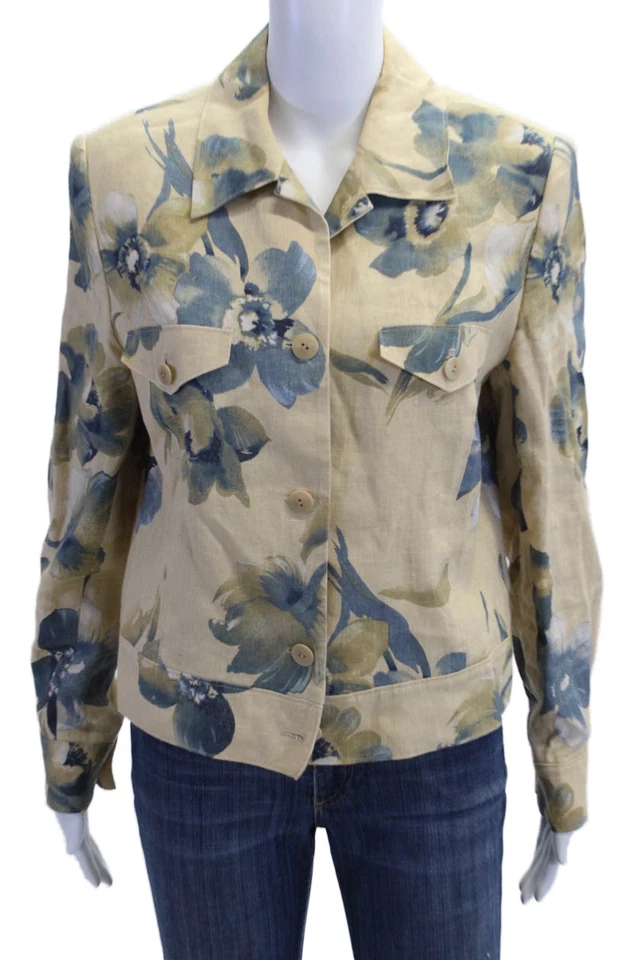 Peter Nygard Womens Linen Floral Print Collared Open Front Blazer Yellow Size 10 - Image 1 of 4