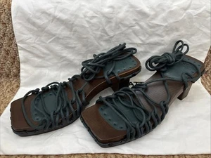 UGG Eckhaus Latta Lace Up Sandals Blue Brown Leather Wood Size 9 Womens - Picture 1 of 11
