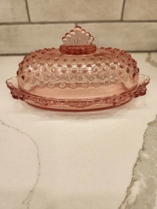 RARE VINTAGE LE SMITH HOBNAIL PINK COLOR COVERED GLASS BUTTER DISH WITH LID NOS - Picture 1 of 8