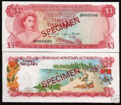 BAHAMAS 3 DOLLARS P-28 1968 *SPECIMEN* QUEEN SHIP FLOWER UNC NOTE CURRENCY NOTE - Image 1 of 2