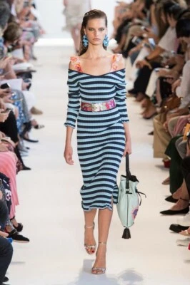 Altuzarra Dress Isolde Blue stripped Ribbed Knit Size Large Long Sleeve V-Neck - Image 1 of 4