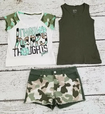 Camiseta, camiseta sin mangas, pantalones cortos camuflados verdes JUSTICE 10 Girls Think Happy Thoughts DC-TT20 Foto 1 de 4