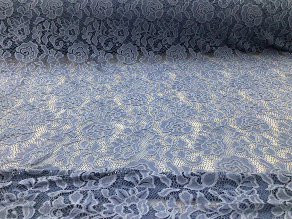 Embroidered Stretch Lace Apparel Fabric Sheer Floral Slate Blue XX510 - Image 1 of 1