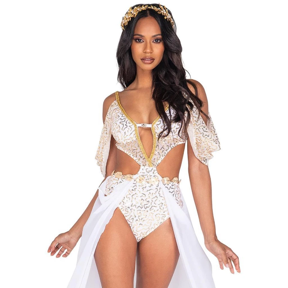 Disfraz de Diosa Body Maxi Falda Borde Dorado Mangas Drapeadas Fluidas Blanco 5043 Foto 1 de 4