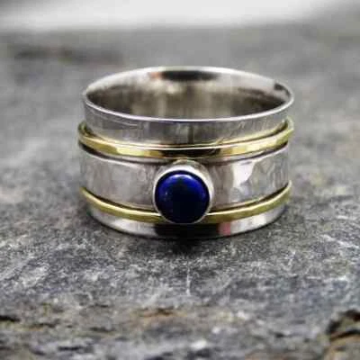 Boho Lapis Lazuli Spinner Ring 925 Sterling Silver Meditation Ring Wedding Gift - Image 1 of 4