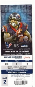 Talón de boleto Houston Texans vs Seattle Seahawks 2013 29/09/14 Arian Foster - Imagen 1 de 1