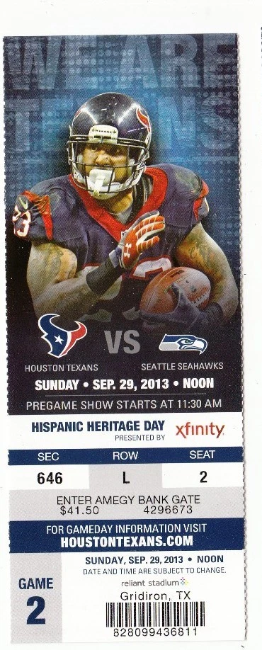 2013 HOUSTON TEXANS VS SEATTLE SEAHAWKS TICKET STUB 9/29/14 ARIAN FOSTER - Image 1 of 1