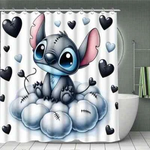 Stitch Shower Curtain Set Bath Mat Toilet U Mat Hearts Clouds Cartoon Theme - Picture 1 of 1