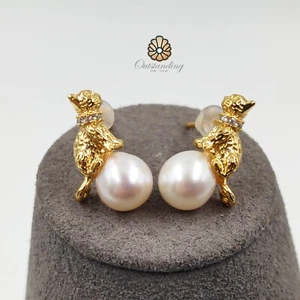 Pendientes de perla de agua de mar para gatos chapados en oro amarillo plata fina cumpleaños - Imagen 1 de 16