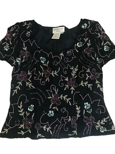 Papell Boutique Evening Beaded Sequins Purple Blue Black Silk Top Medium Blouse - Picture 1 of 8