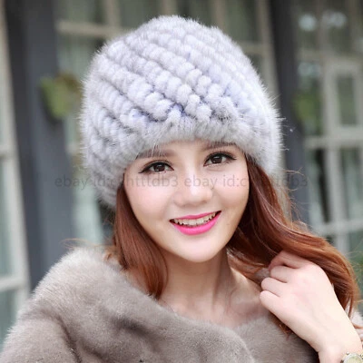 Sombrero de piel de visón real invierno cálido tejido gorros elástico exterior esquí sombrero Foto 1 de 4