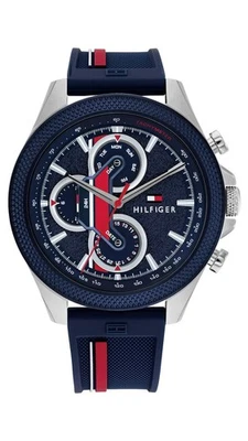 Reloj Tommy Hilfiger 1792083 para hombre caja plateada banda de goma azul esfera azul 46 mm Foto 1 de 4