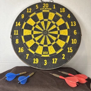 Vintage Champion Single Sided Dartboard With 4 Darts Red & Blue 12” Late 1940’s - Picture 1 of 15
