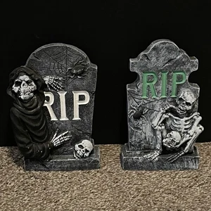 halloween statue set mini grave stones RIP tombstone skeleton death graveyard - Picture 1 of 10