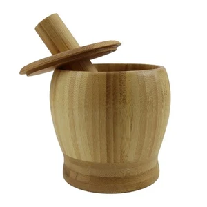 Bamboo Mortar & Pestle with Lid for Grinding Garlic Spices Herb Ginger Pepper... - Picture 1 of 7