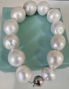 Huge 12-14mm Genuine Natural South Sea White Baroque Pearl Bracelet 7.5-8" S925 - Picture 1 of 4