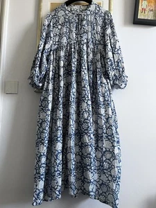 Gorgeous Blue Floral Hand Block Print Indian Cotton Midi Dress L - Picture 1 of 5