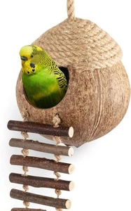 Coconut Bird Nest Hut with Ladder for Parrots Parakeet Conures Cockatiel - Small - Picture 1 of 3