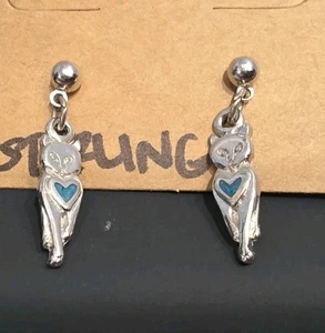 Sterling Silver Cat Greeting Earrings Stud Dangle With Turquoise Inlay - Picture 1 of 3