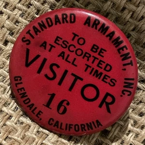 Vintage Visitor Pin Badge Standard Armament Inc Glendale California 1950s Rare - Picture 1 of 6