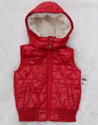 Old Navy Puffer Vest Jacket Red Hearts Removable Hood Fleece Lined Girls Zip Up - Image 1 of 4