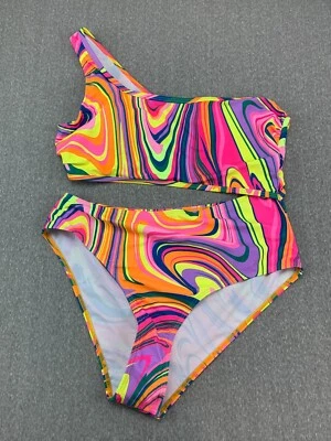 Traje de baño monokini recortado de un hombro con remolino de neón para mujer talla mediana rosa amarillo Foto 1 de 4