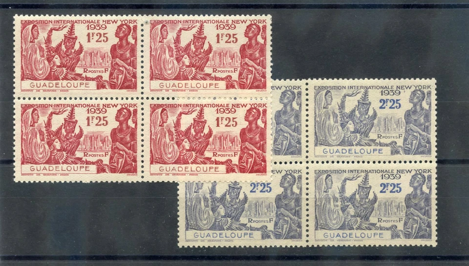 GUADELOUPE Sc 155-6(YT 140-1)**VF NH 1939 NY FAIR BLOCKS OF 4 ( DRYISH GUM) $55 - Image 1 of 1