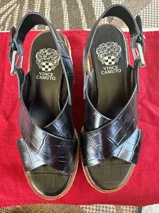 Vince Camuto Platform Sandals Black Wedge Faux Leather Croc Espadrille Women 7m - Picture 1 of 6