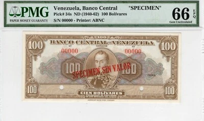 Venezuela 100 Bolivares SPECIMEN ND (1940-62) Pick-34s GEM UNC PMG 66 EPQ - Image 1 of 2