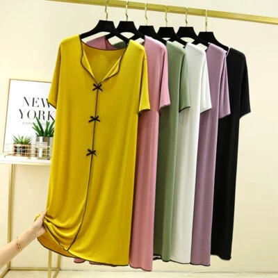 Summer Women's V-Neck Midi Dress - Modal Cotton Loose Fit Sleepwear/Lounge Dress - Image 1 of 4